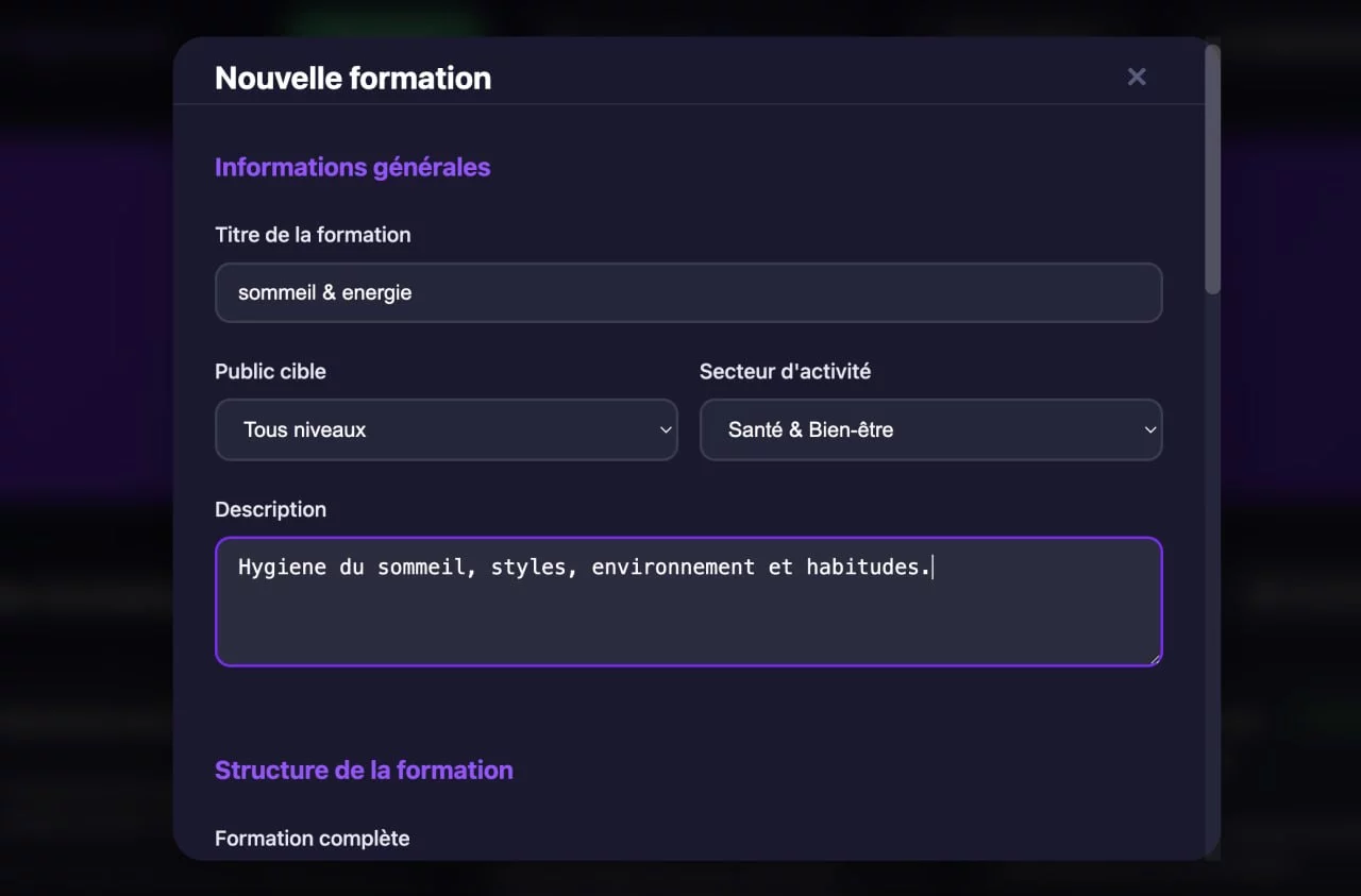 Interface de création de formation MyFormAI — Simple et rapide